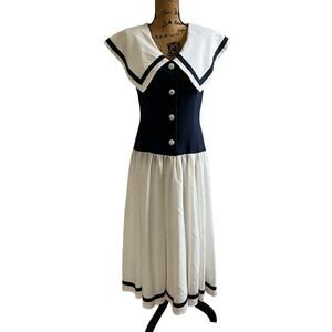 VTG 80s Leslie Lucks Blue White Sleeveless Drop Waist Sailor Dress Women’s M